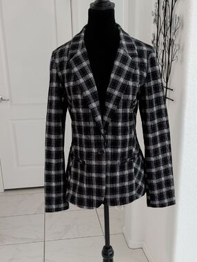 New LIVERPOOL Glen Plaid Black & White Fitted Blazer Jacket M Lightweight
